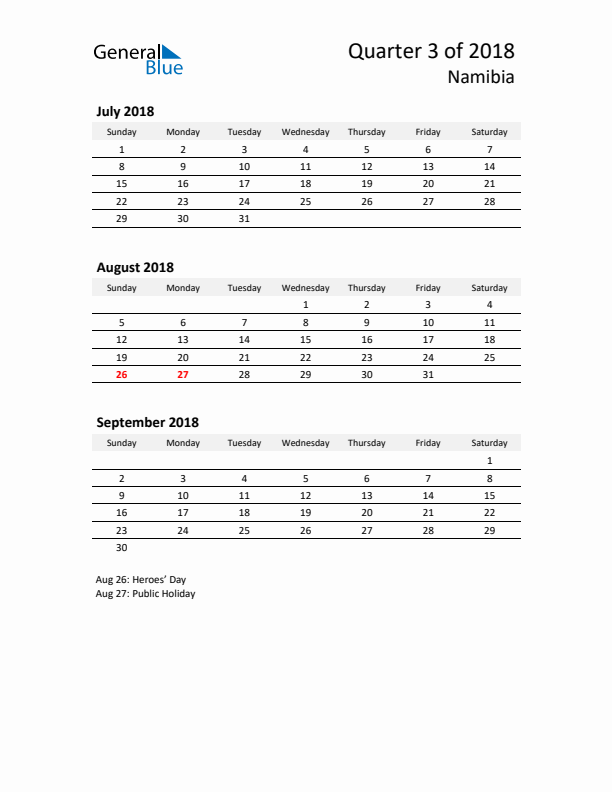 2018 Q3 Three-Month Calendar for Namibia