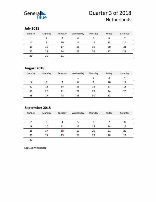 2018 Q3 Three-Month Calendar for The Netherlands