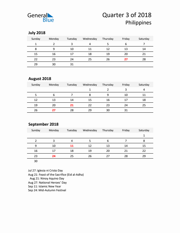 2018 Q3 Three-Month Calendar for Philippines