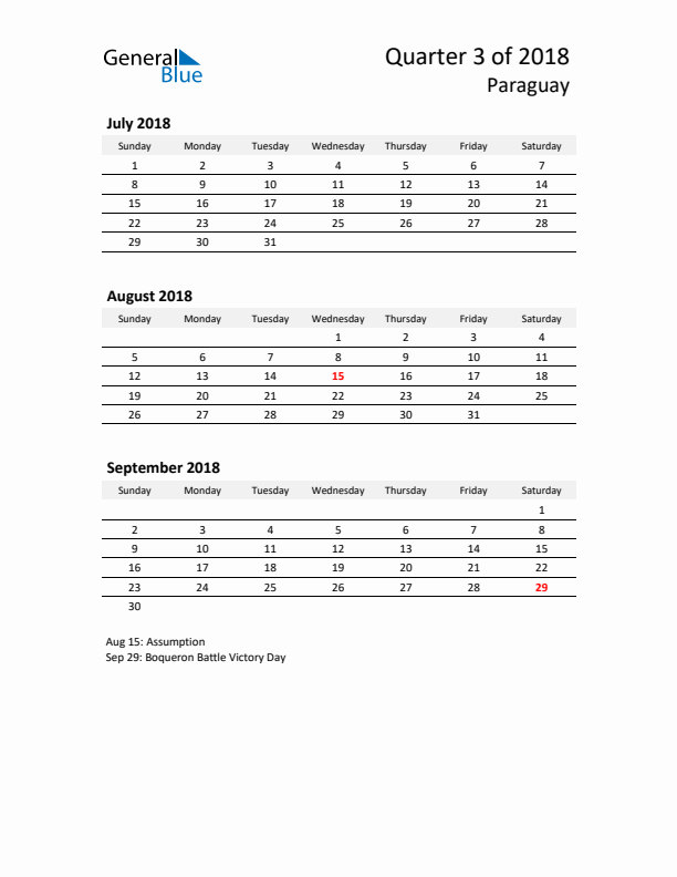 2018 Q3 Three-Month Calendar for Paraguay