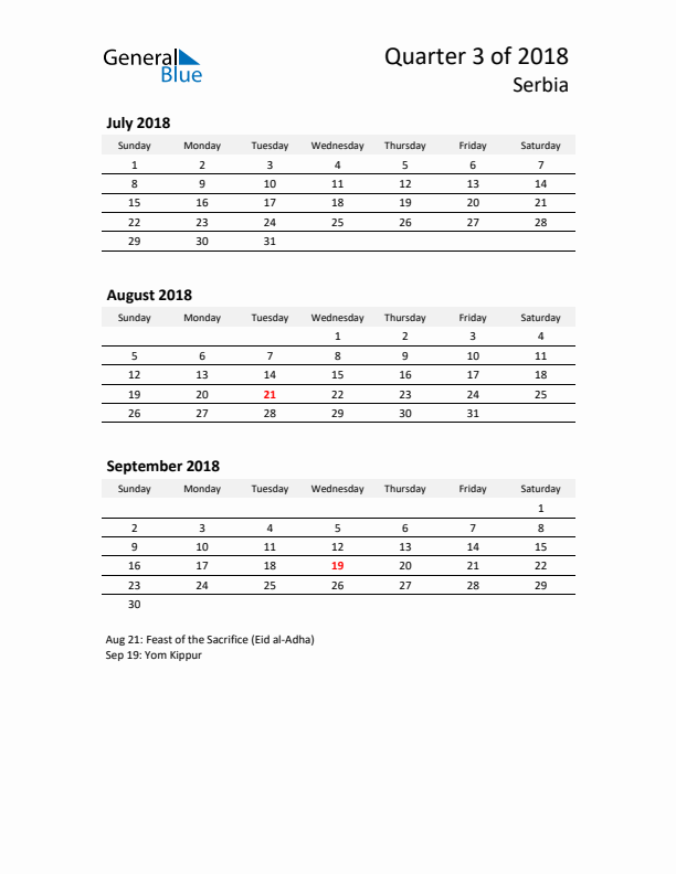 2018 Q3 Three-Month Calendar for Serbia