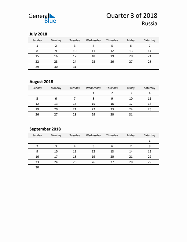 2018 Q3 Three-Month Calendar for Russia