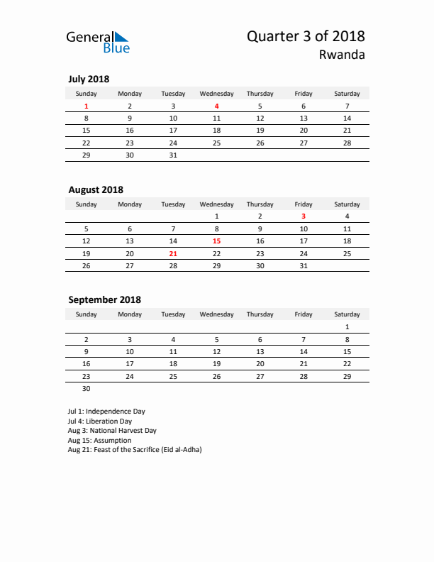 2018 Q3 Three-Month Calendar for Rwanda