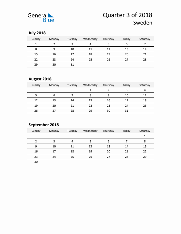 2018 Q3 Three-Month Calendar for Sweden