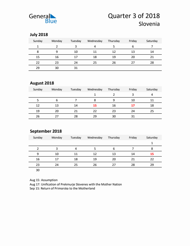 2018 Q3 Three-Month Calendar for Slovenia