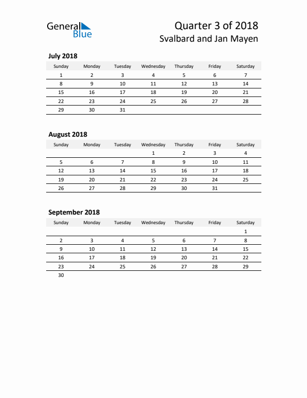 2018 Q3 Three-Month Calendar for Svalbard and Jan Mayen