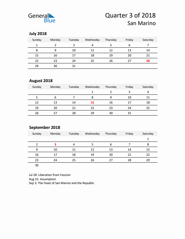 2018 Q3 Three-Month Calendar for San Marino