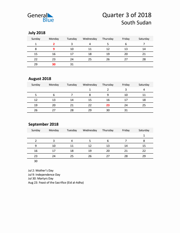 2018 Q3 Three-Month Calendar for South Sudan