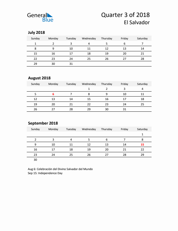 2018 Q3 Three-Month Calendar for El Salvador