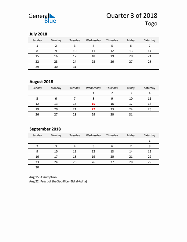2018 Q3 Three-Month Calendar for Togo