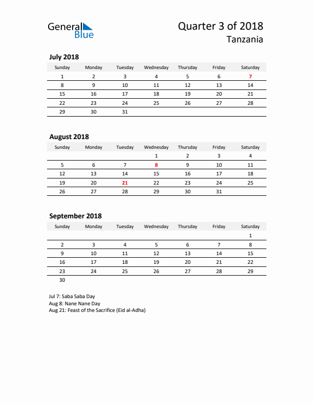 2018 Q3 Three-Month Calendar for Tanzania