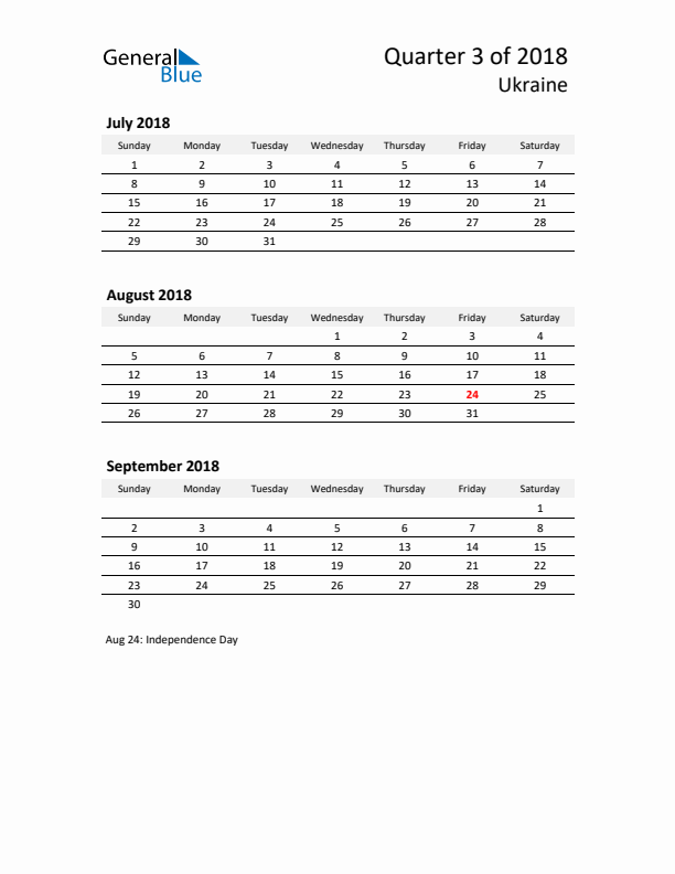 2018 Q3 Three-Month Calendar for Ukraine