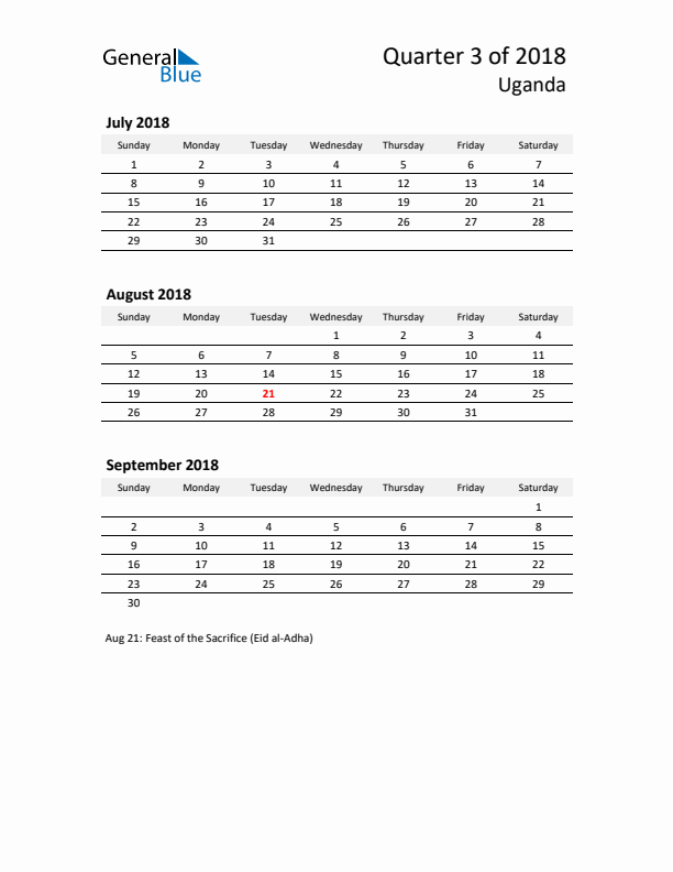 2018 Q3 Three-Month Calendar for Uganda