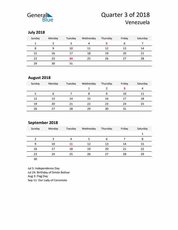 2018 Q3 Three-Month Calendar for Venezuela