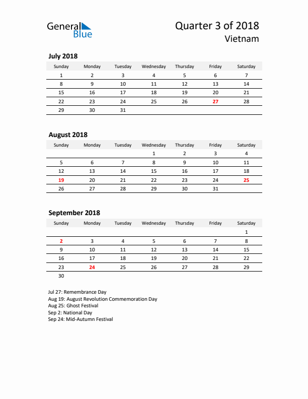 2018 Q3 Three-Month Calendar for Vietnam