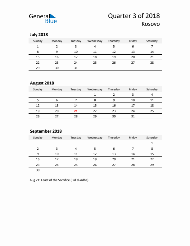 2018 Q3 Three-Month Calendar for Kosovo