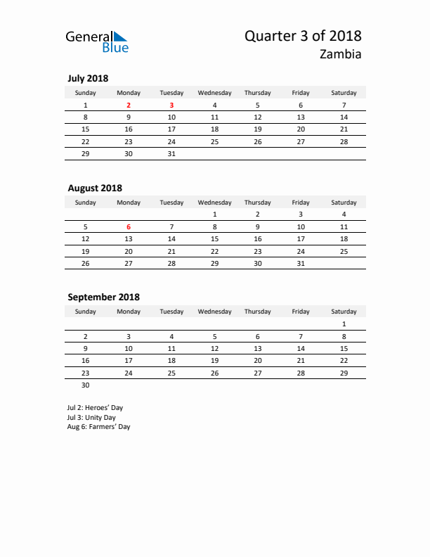 2018 Q3 Three-Month Calendar for Zambia