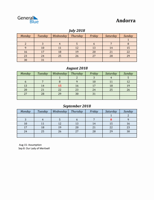 Q3 2018 Holiday Calendar - Andorra