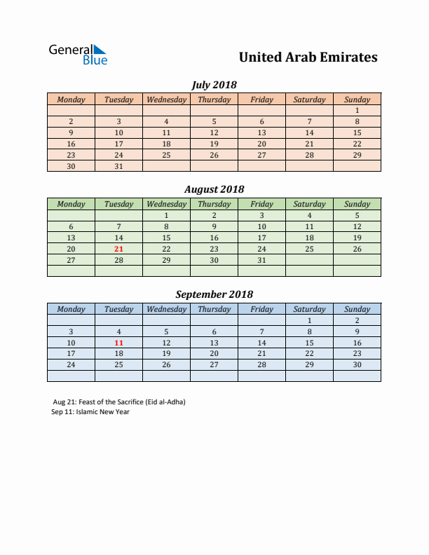 Q3 2018 Holiday Calendar - United Arab Emirates