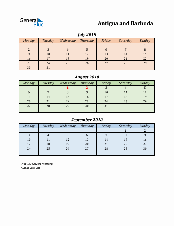 Q3 2018 Holiday Calendar - Antigua and Barbuda