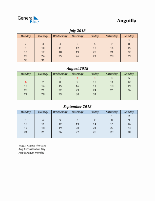 Q3 2018 Holiday Calendar - Anguilla