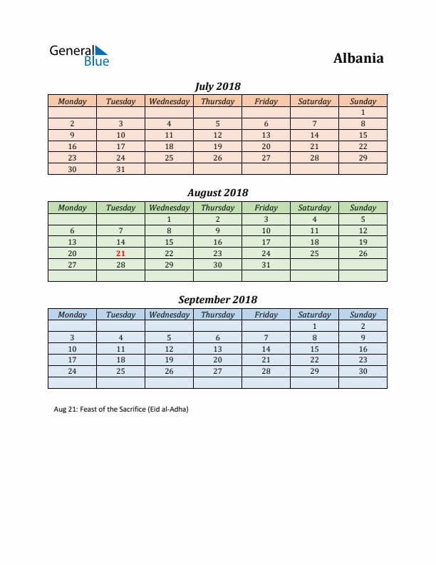 Q3 2018 Holiday Calendar - Albania