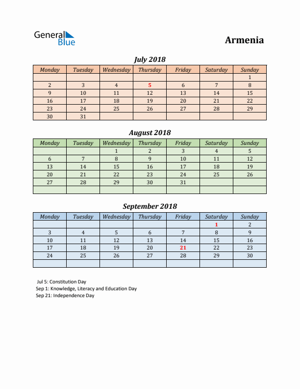 Q3 2018 Holiday Calendar - Armenia