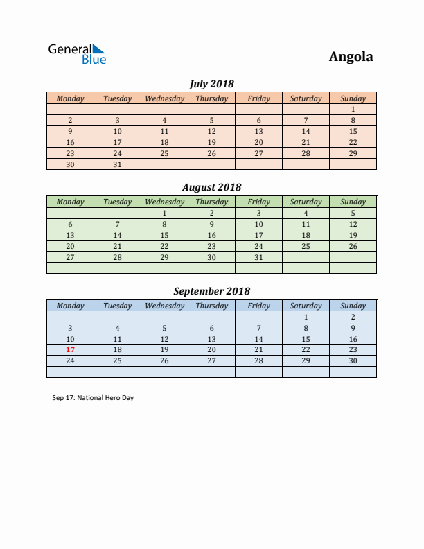 Q3 2018 Holiday Calendar - Angola