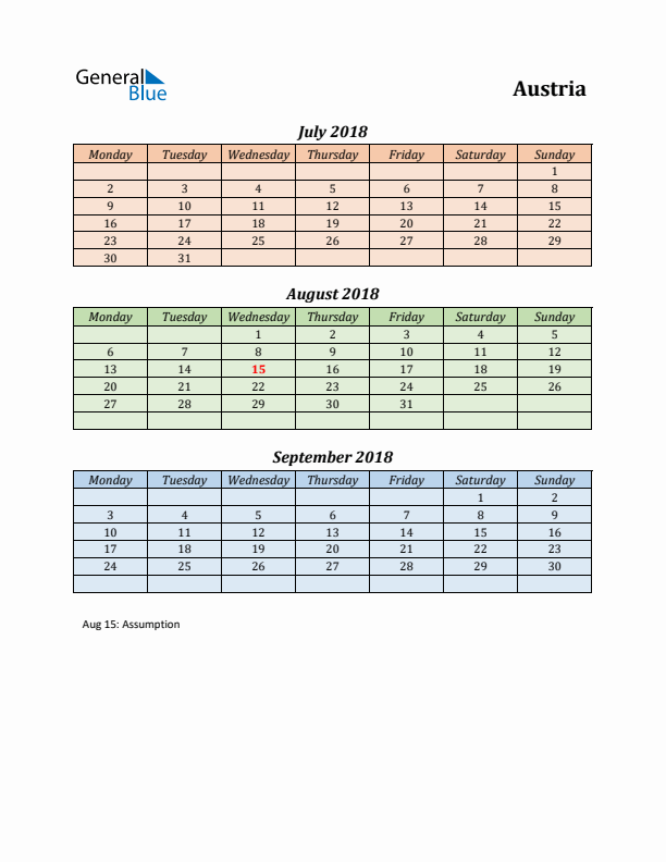 Q3 2018 Holiday Calendar - Austria