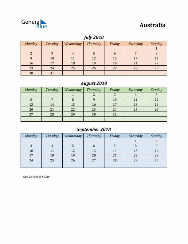 Q3 2018 Holiday Calendar - Australia