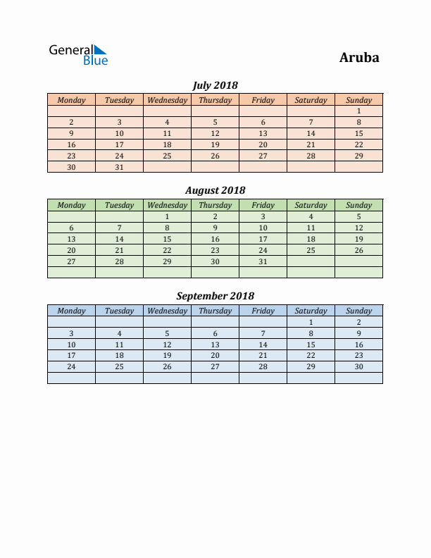 Q3 2018 Holiday Calendar - Aruba