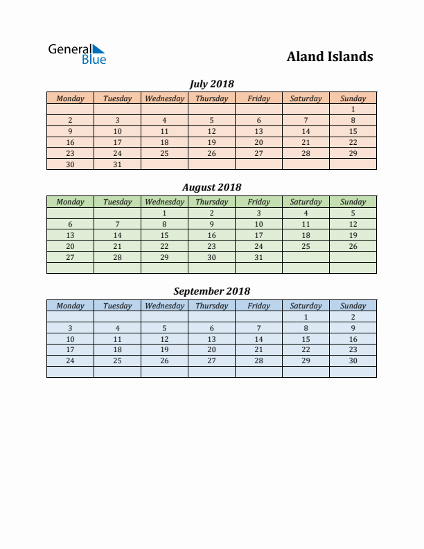 Q3 2018 Holiday Calendar - Aland Islands