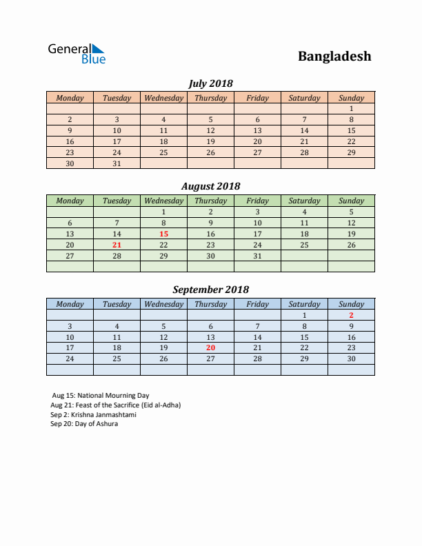 Q3 2018 Holiday Calendar - Bangladesh