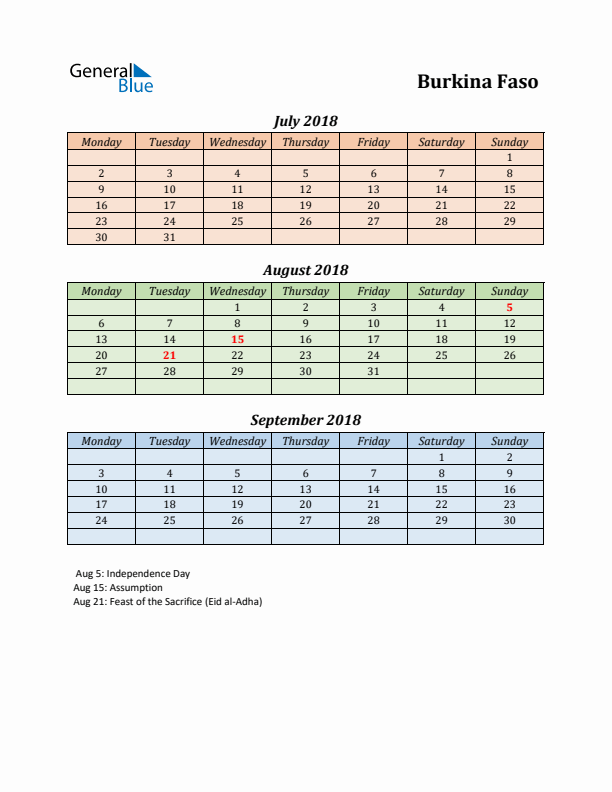 Q3 2018 Holiday Calendar - Burkina Faso