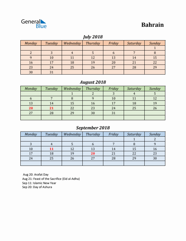 Q3 2018 Holiday Calendar - Bahrain