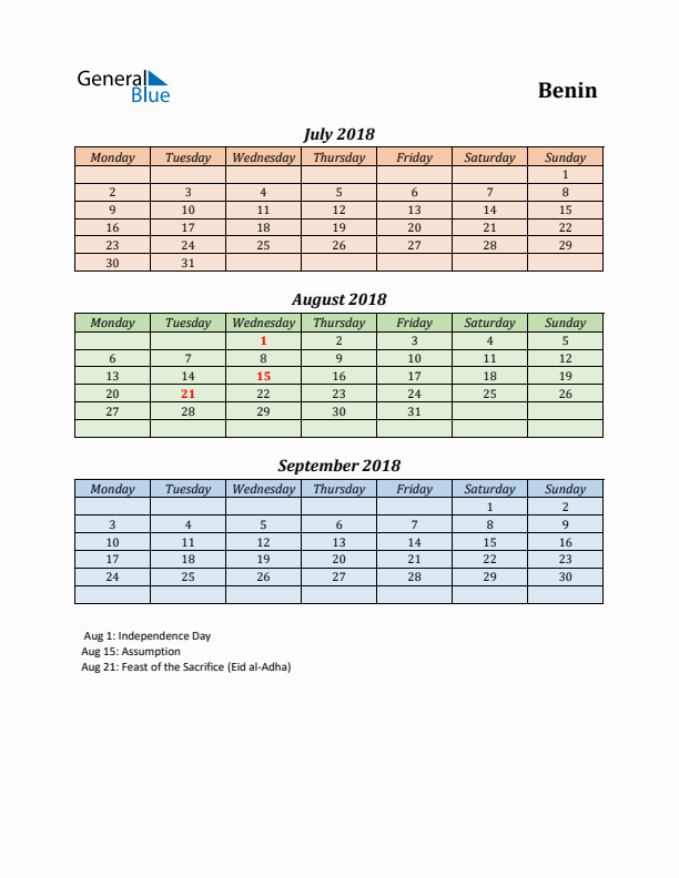 Q3 2018 Holiday Calendar - Benin