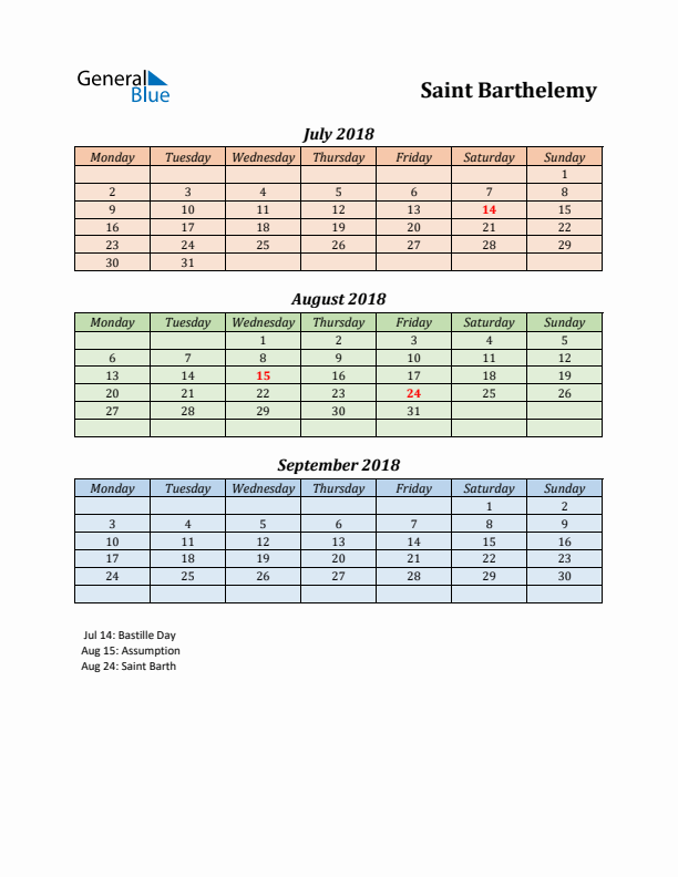 Q3 2018 Holiday Calendar - Saint Barthelemy