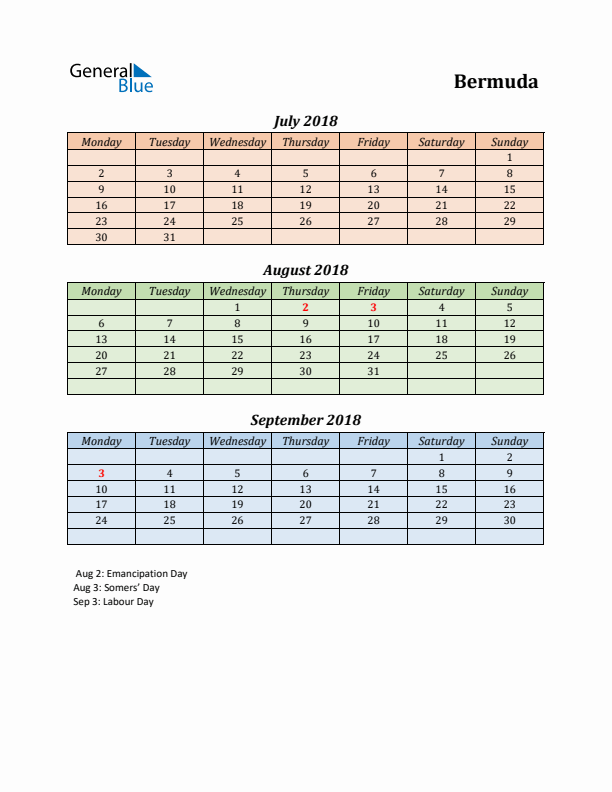 Q3 2018 Holiday Calendar - Bermuda