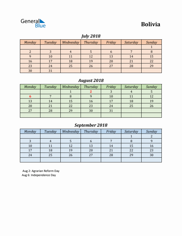 Q3 2018 Holiday Calendar - Bolivia