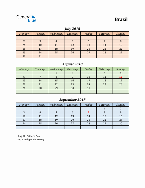 Q3 2018 Holiday Calendar - Brazil