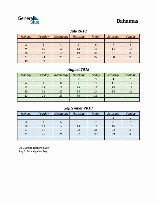 Q3 2018 Holiday Calendar - Bahamas