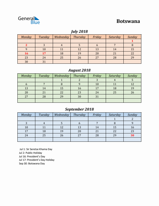 Q3 2018 Holiday Calendar - Botswana