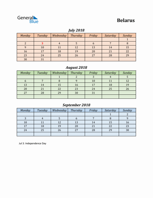 Q3 2018 Holiday Calendar - Belarus