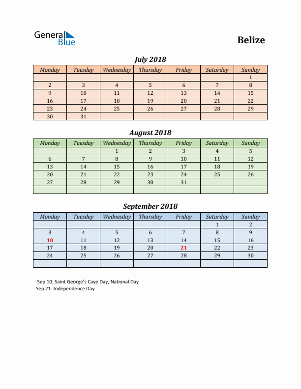 Q3 2018 Holiday Calendar - Belize