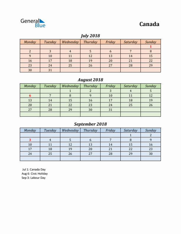 Q3 2018 Holiday Calendar - Canada