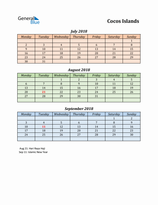 Q3 2018 Holiday Calendar - Cocos Islands