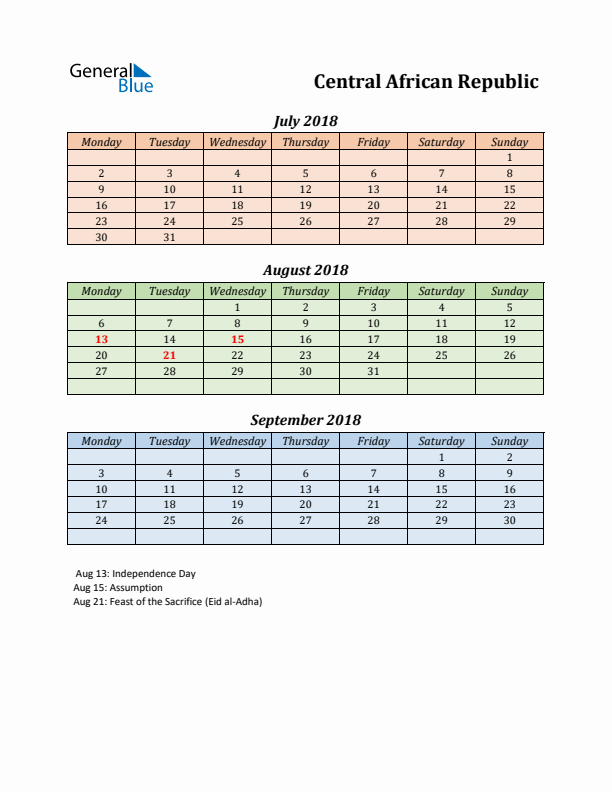 Q3 2018 Holiday Calendar - Central African Republic