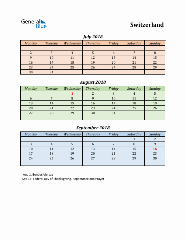 Q3 2018 Holiday Calendar - Switzerland