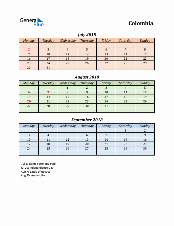 Q3 2018 Holiday Calendar - Colombia