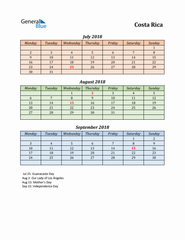 Q3 2018 Holiday Calendar - Costa Rica